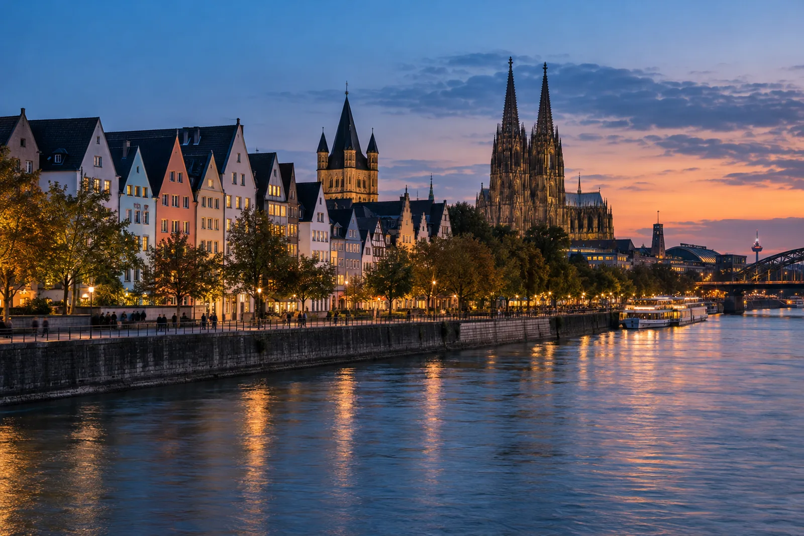 Historische Häuserzeile am Kölner Rheinufer zur blauen Stunde, Energieausweis noch 2026 bestellen und zehn Jahre nutzen, energiepass KÖLN