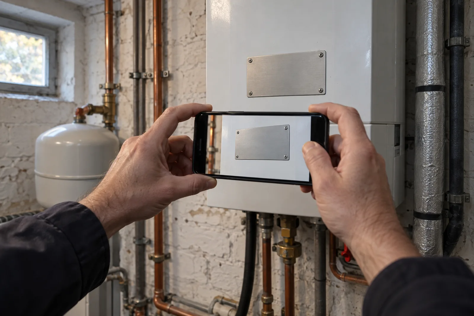 Hände fotografieren mit dem Smartphone das Typenschild einer Gasheizung im Altbaukeller, Datenaufnahme per Foto für den Energieausweis, energiepass KÖLN