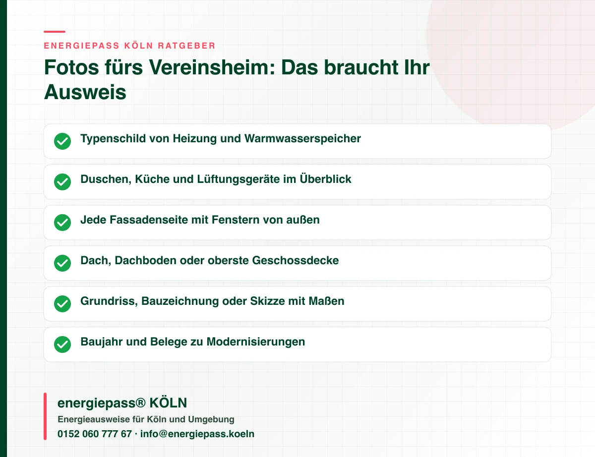 Checkliste mit Fotos und Unterlagen für den Energieausweis eines Vereinsheims oder einer Kita in Köln, ohne Vor-Ort-Termin, energiepass® KÖLN
